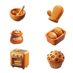 3D Baking Icons Set &ndash; Kitchen, Food, Oven, Bread, Muffin, Flour, Mixer Illustrations