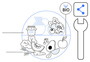 Fresh fruits, vegetables, jam jar, and wheat, highlighted with bio and technology icons, promoting health, organic food, sustainability, innovation eco-living agriculture simple landing page