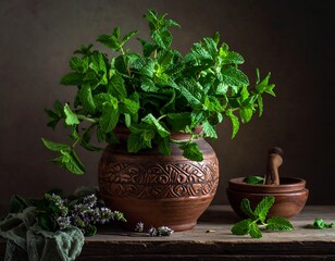 Fresh mint sprigs in a rustic pot