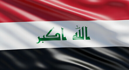 Naklejka premium A photorealistic closeup of the iraqi flag waving gently in the breeze, showcasing its vibrant red, white, and black stripes, along with the green arabic script of the takbir, creating a powerful symb
