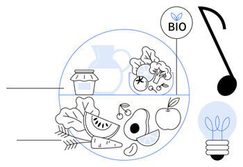 Collection of fruits, vegetables, and healthy items in minimalist style. Includes eco-friendly elements thumbs up a Bio label and plant bulb. Ideal for healthy eating, sustainability, organic