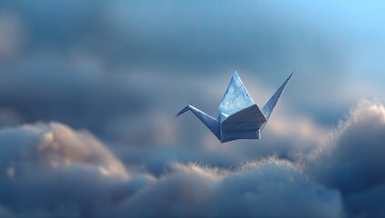 Paper crane soaring through clouds