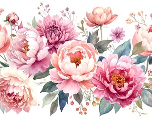 Floral arrangement of blush, pink, and mauve blossoms.  Delicate,  watercolored effect