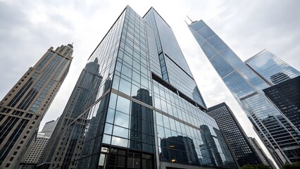Obraz premium Modern glass skyscrapers reflecting urban sky and clouds