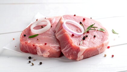 Fresh pork steaks on white wood