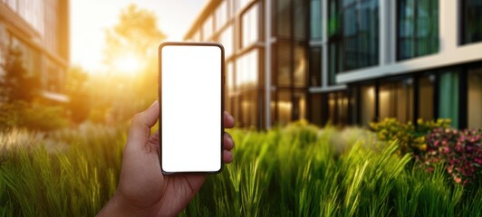 The Smartphone in Hand Showing Blank Screen in Urban Garden Setting