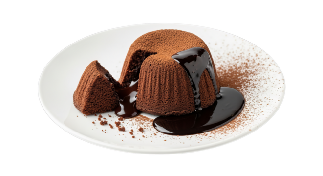 Decadent chocolate lava cake with rich molten center and cocoa dusting on white plate