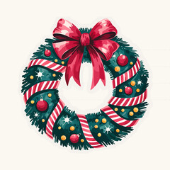 Vector art of festive christmas wreath with a red bow, red ornaments, and green pine branches, decorated with red and white striped ribbon, isolated on a light background