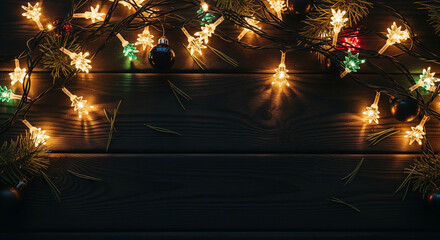 Christmas tree lights on dark table top. Rustic New Year black minimal background with copy space. Flat lay