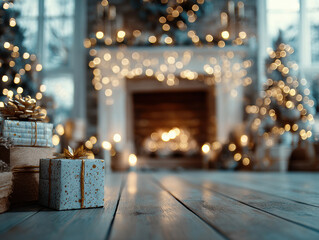 Warmly lit Christmas celebration room, wooden floor contrasting with gift boxes, vibrant ribbons, twinkling mantel decorations, fairy-lit trees, inviting atmosphere - AI-Generated