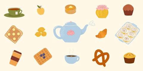 Large set of tea party items, tea utensils, tea accessories. sweets on white background. Vector illustration in flat style.