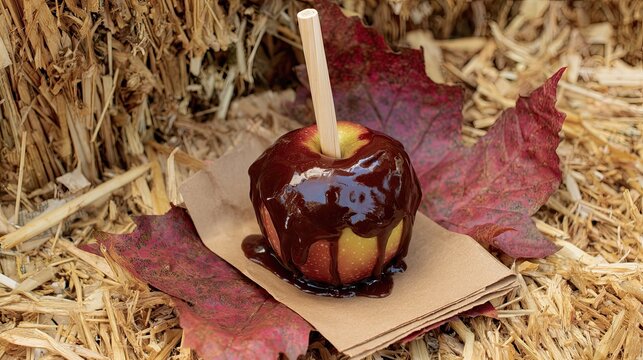Caramel Apple on a Bed of Autumn Leaves for National Caramel Apple Day Celebration