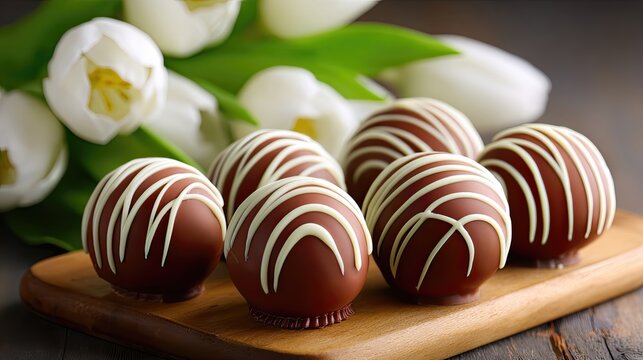 Celebrate National Chocolate Day With Delicious Truffles and Fresh Flowers on a Wooden Display