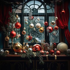 close up square image of indoor Christmas decorations, shiny red and golden balls a fir twigs