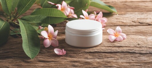 The cream jar with tropical plumeria flowers on rustic wooden background for skincare