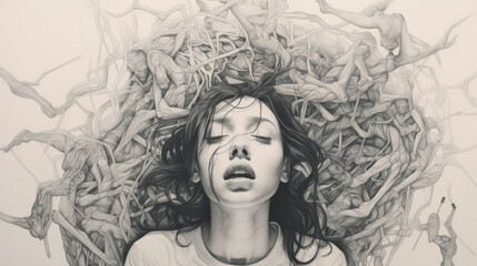 close up horizontal sketch illustration of a young woman with a desperate facial expression
