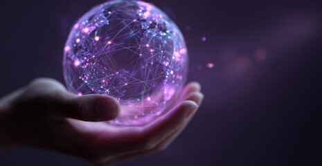 A hand holds a glowing, digital globe