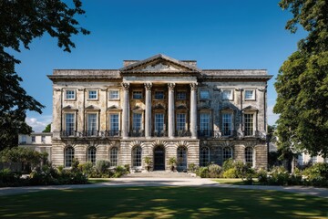 Grand stately mansion facade on a sunny day