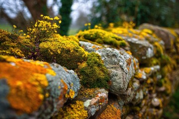 Fototapeta premium Close-up of a stone wall covered in moss and wildflowers