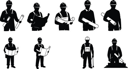 Construction worker architect engineer silhouette vector holding blueprints reading plans site inspector contractor builder construction project manager