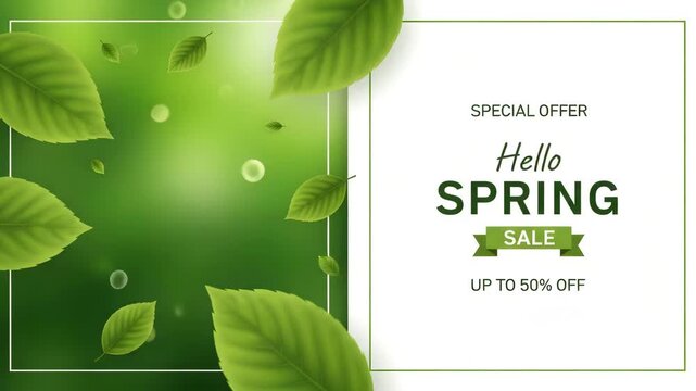 Hello spring sale special offer with green leaves and a white background