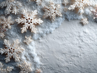 Detailed snowflake sculptures on textured surface, resembling rock White, three-dimensional paper or lightweight material Soft shadows from edge lighting Meticulous craftsmanship foc - AI-Generated