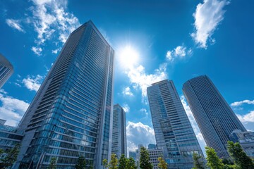 Fototapeta premium Modern skyscrapers under a vibrant blue sky