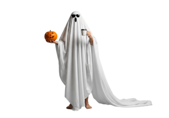 A man standing in a ghost costume made from a sheet with a pumpkin and coffee in sunglasses on an isolated background. Halloween celebration concept.