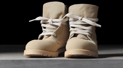 Worn Military Boots Are Positioned at the Bottom Edge of a Gray Surface