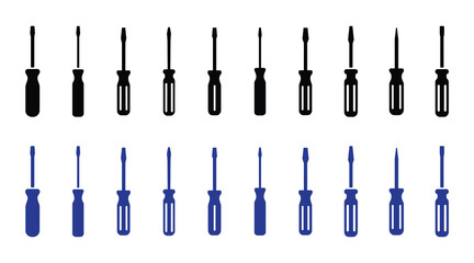 Collection of black and blue screwdriver icons in silhouette and outline, isolated on a white background