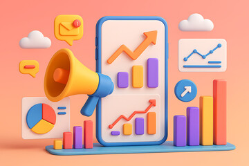 A vibrant 3D rendering of a mobile phone with a megaphone and various growth charts, representing successful digital marketing campaigns and achieving business goals with data