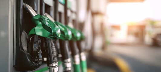 The Fuel Pump Nozzles Lined Up at a Bright Modern Gas Station Forecourt