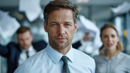 A stressed male employee is in a chaotic office environment with papers flying everywhere. He represents challenges and problems in a modern work environment.