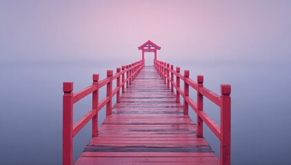 Obraz premium A vibrant red wooden bridge extends into a hazy purple-gray landscape