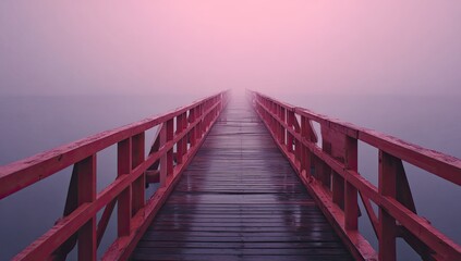 Obraz premium Misty red bridge over still water