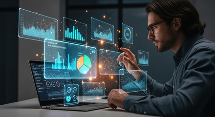 Professional analyst interacts with stunning futuristic holographic data displays for advanced business insights and strategic decision-making