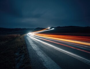 Winding road at night, light trails