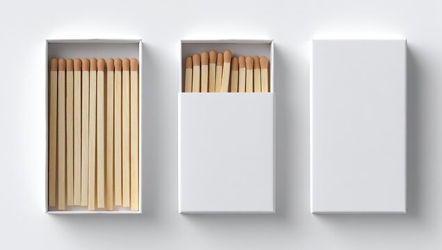 Three white matchbox containers, arranged in a row