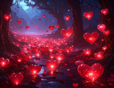 A mystical forest path filled with glowing red hearts under a moonlit sky