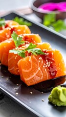 Fresh salmon sashimi on a plate