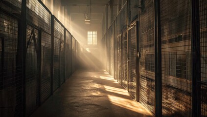 Industrial hallway bathed in sunlight