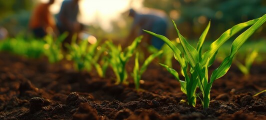 The Corn Seedling in Sunlit Field with Farmers Planting in Background