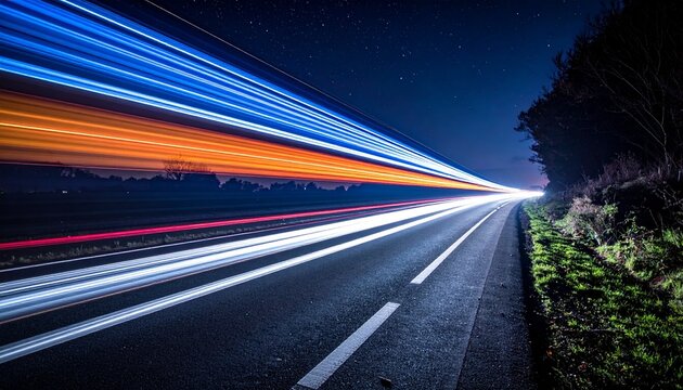 "Long-exposure night shot of a curving highway with multicolored light trails—set against a mountainous silhouette and gradient sky, evoking speed, direction, and the poetic passage of time."
