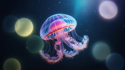 Vibrant digital rendering of a bioluminescent jellyfish gracefully floating in the dark ocean depths with soft bokeh effects