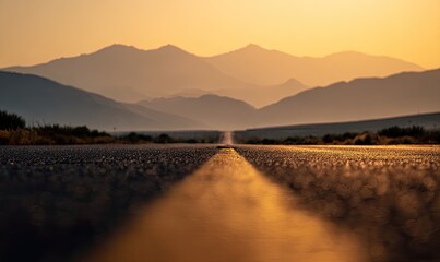 Scenic highway disappearing into a mountain range at sunrise