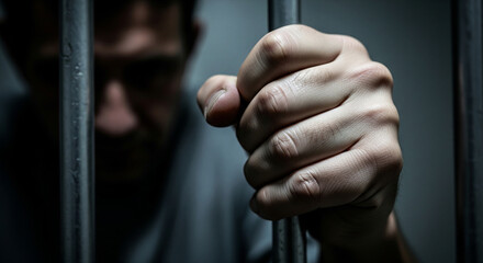 Close-up of prisoner gripping metal bars with tense hand. Shallow focus highlights confinement, restriction, and justice system symbolism in dramatic scene
