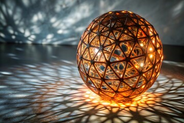 Illuminated geometric lamp casting kaleidoscopic shadows on smooth surface, blending design, symmetry, and atmospheric lighting effects