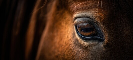 The horse's eye close-up revealing textured chestnut coat and reflective soulful gaze