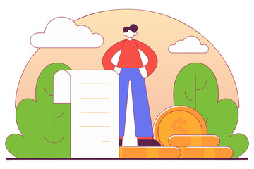 Man with receipt and coins isolated on transparent background