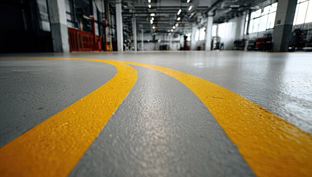 Industrial interior with yellow lines on gray floor